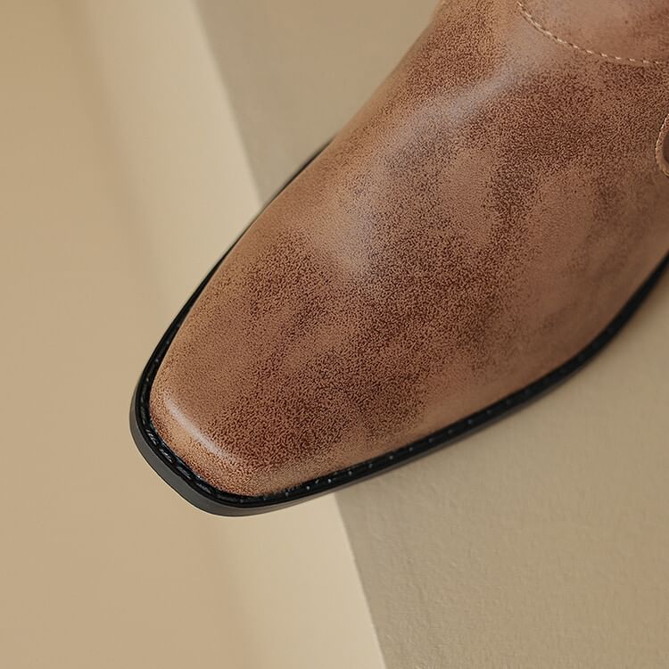 Heel Block Square Buckled Knee Toe Boots High