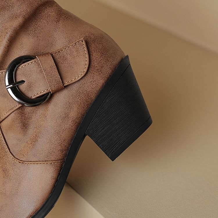 Heel Block Square Buckled Knee Toe Boots High