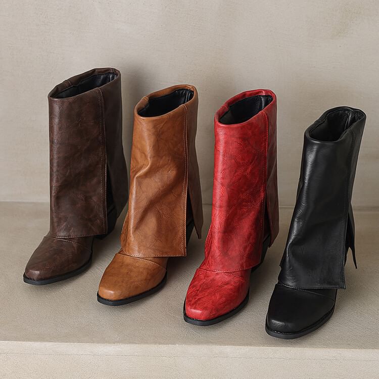 Boots Toe Calf Panel Heel Square Block Mid