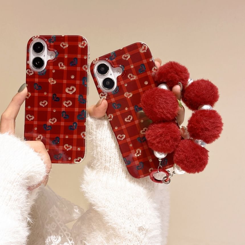Set Plaid / Case Strap Phone Heart Pom