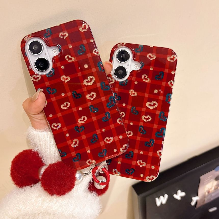 Set Plaid / Case Strap Phone Heart Pom