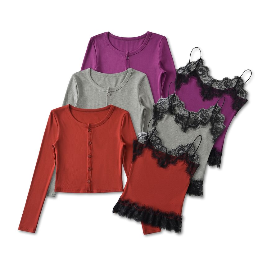 Lace-Trim Camisole & Crew Cardigan Co-ord Set