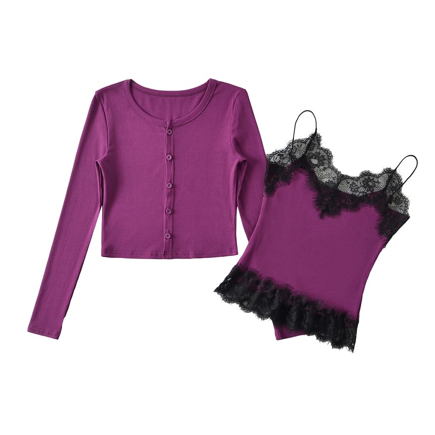 Lace-Trim Camisole & Crew Cardigan Co-ord Set