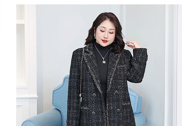 Notch Lapel Plaid Tweed Double-Breasted Blazer