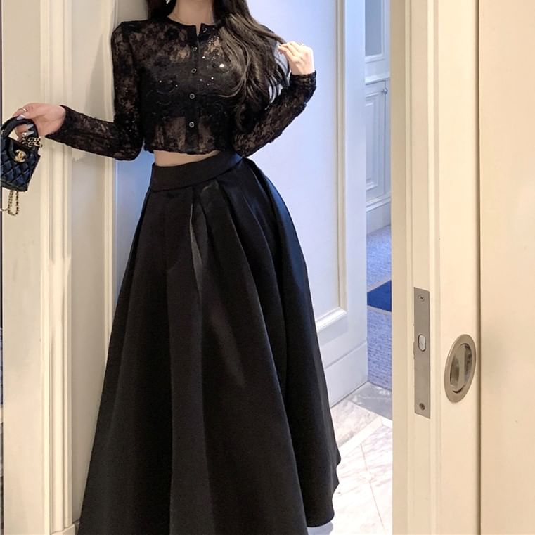Lace Crop Top with A-Line Maxi Skirt Set