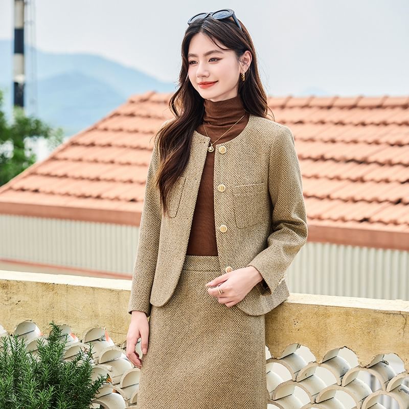 Tweed Button-Up Jacket / High Rise Midi A-Line Skirt