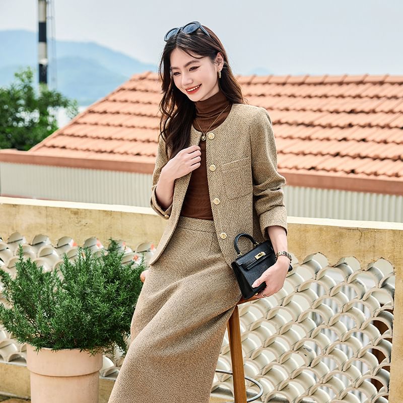 Tweed Button-Up Jacket / High Rise Midi A-Line Skirt
