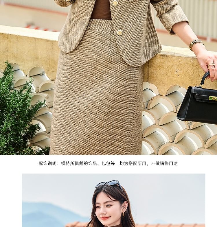 Tweed Button-Up Jacket / High Rise Midi A-Line Skirt