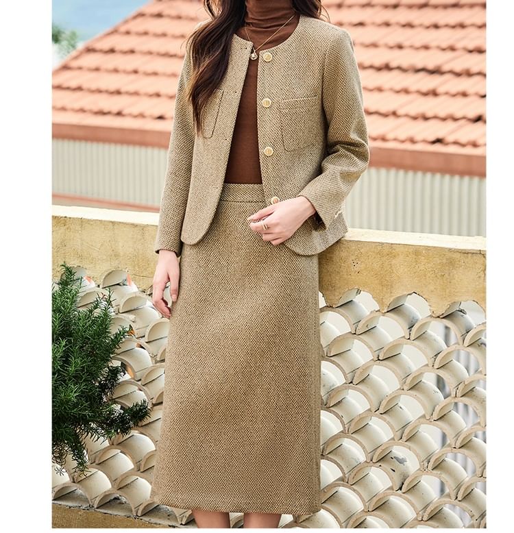 Tweed Button-Up Jacket / High Rise Midi A-Line Skirt