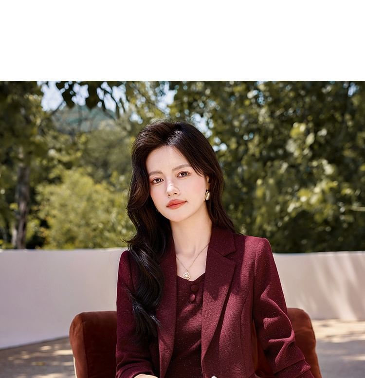 Set: Sleeveless Tweed Midi A-Line Dress + One Buttoned Blazer