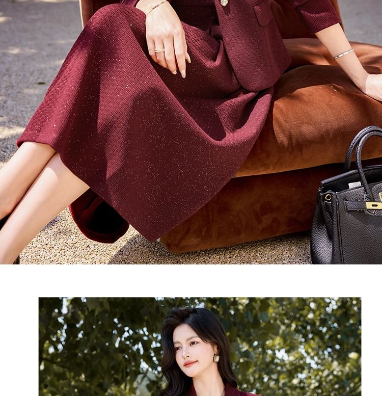 Set: Sleeveless Tweed Midi A-Line Dress + One Buttoned Blazer