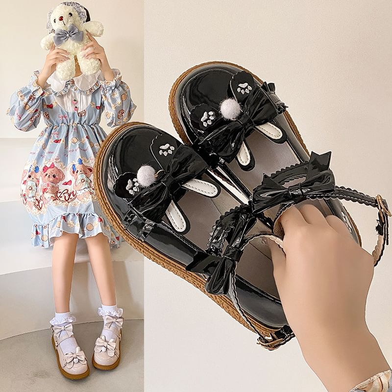 Bow Embroidered Shoes Paw Ankle Jane Platform Strap Mary