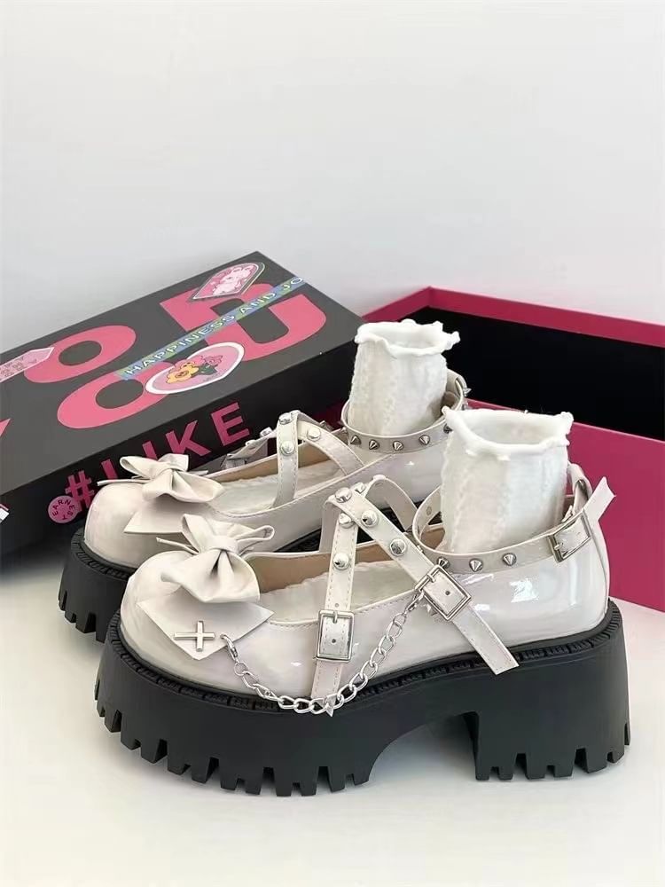 Pumps Chunky Heel Strap Cross Jane Studded Bow Platform Mary