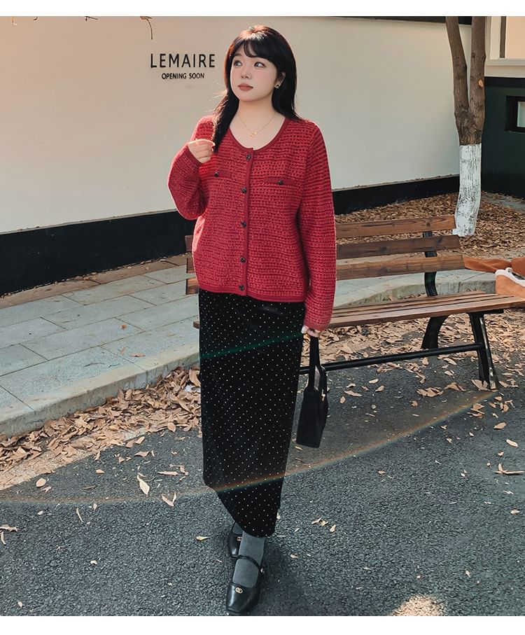 Crew Neck Tweed Button-Up Cardigan