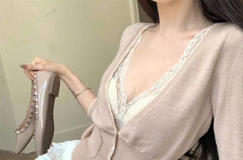 Cami / Top V-Neck Mid Sleeve 3/4 Lace Rise Shorts Plain Cardigan Crop