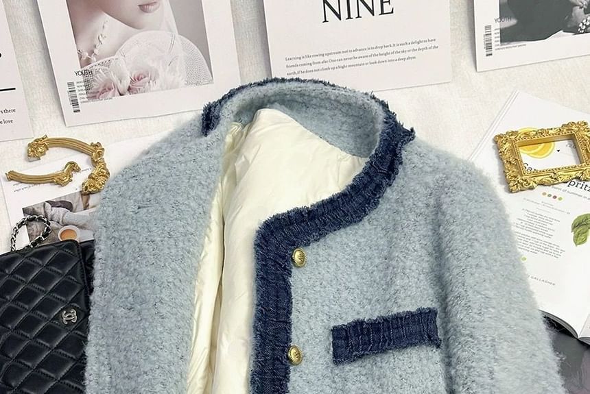 Button Panel Round Boucle Jacket Neck Denim