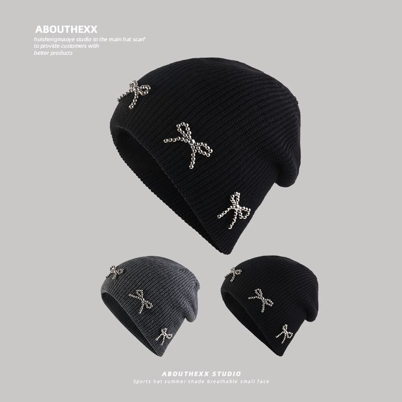 Bow Metallic Knit Beanie Studded