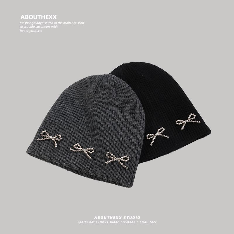 Bow Metallic Knit Beanie Studded