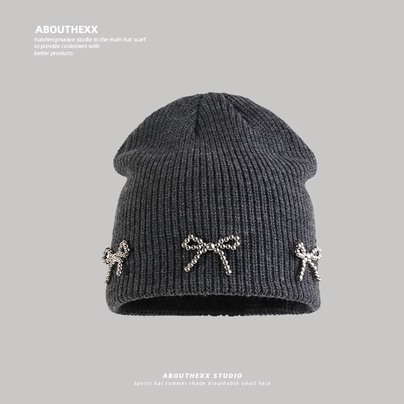 Bow Metallic Knit Beanie Studded
