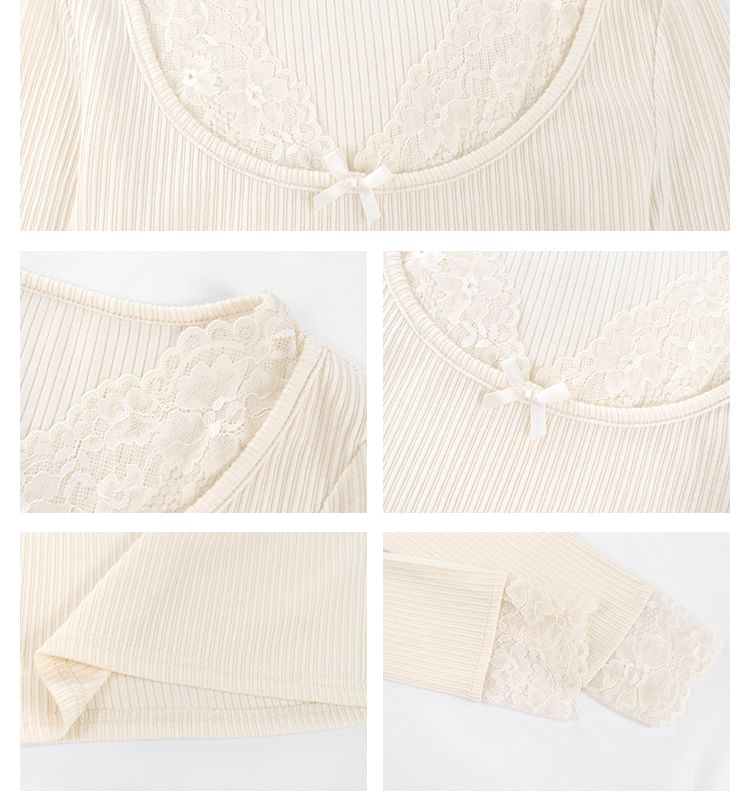 V-Neck Lace-Trim Long-Sleeve Blouse