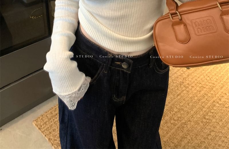 V-Neck Lace-Trim Long-Sleeve Blouse