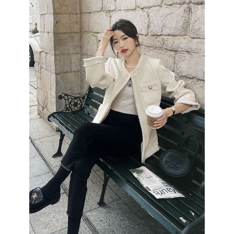 Round Neck Tweed Open Front Jacket