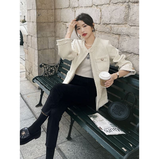 Round Neck Tweed Open Front Jacket