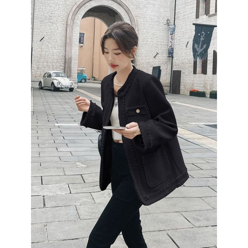 Round Neck Tweed Open Front Jacket