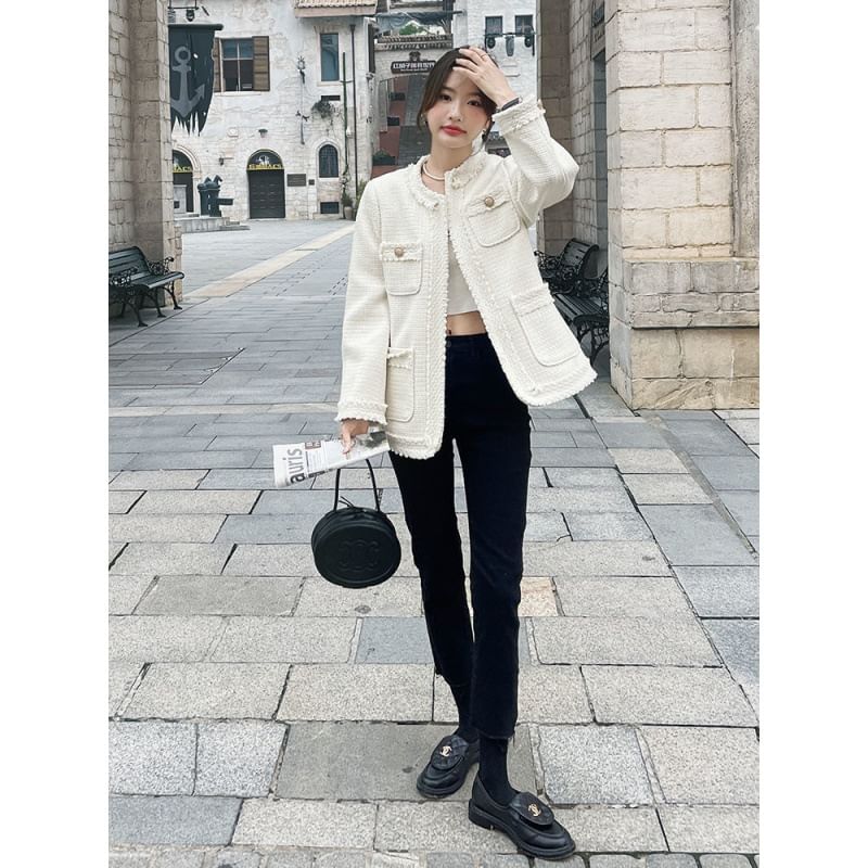 Round Neck Tweed Open Front Jacket