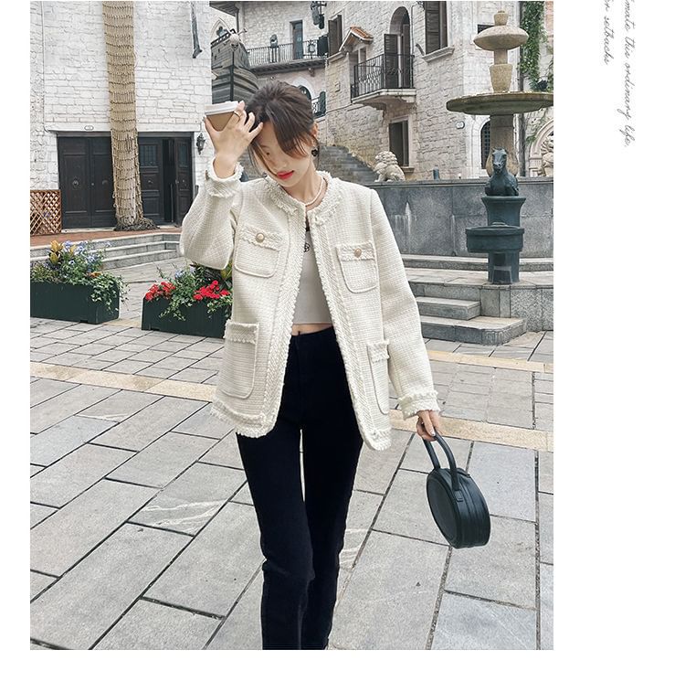 Round Neck Tweed Open Front Jacket