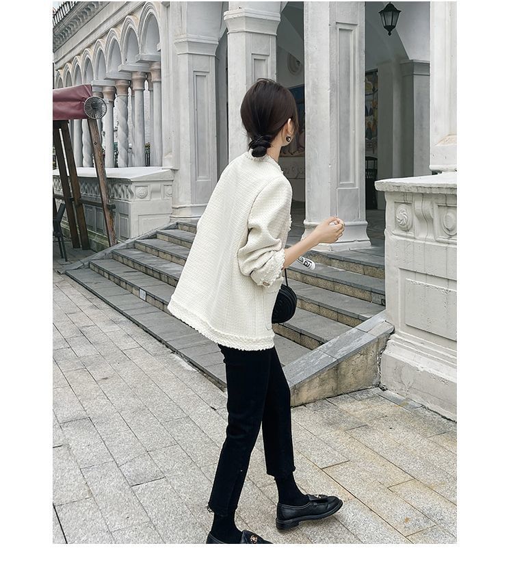 Round Neck Tweed Open Front Jacket