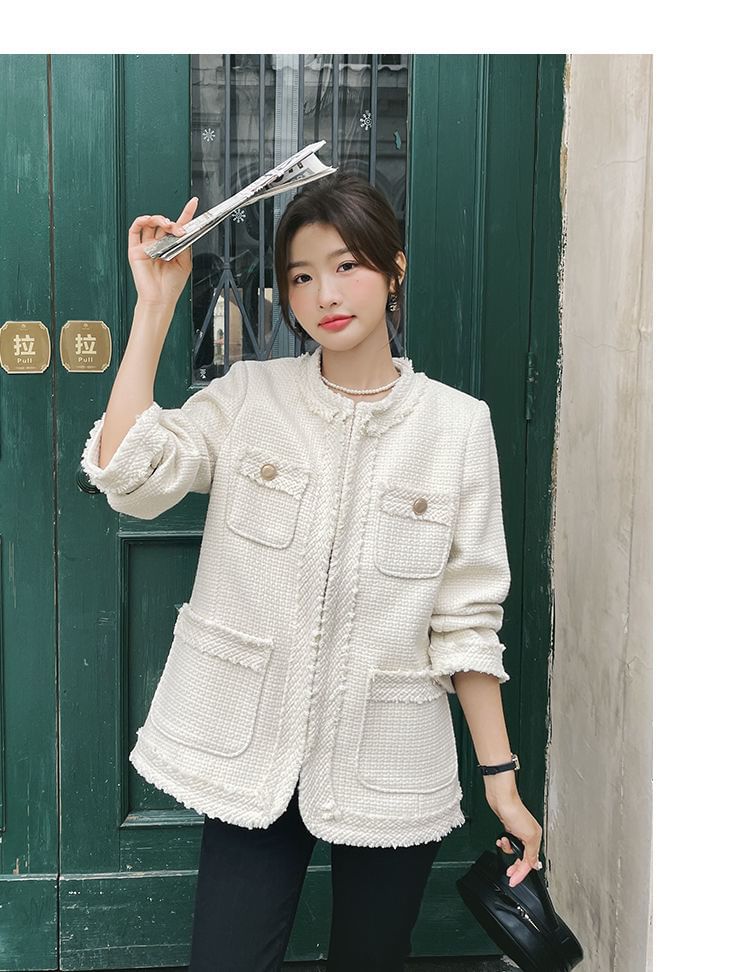 Round Neck Tweed Open Front Jacket