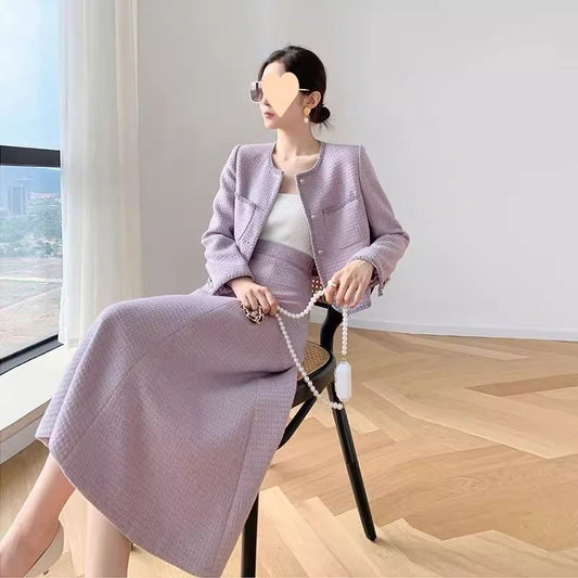 Set: Round Neck Tweed Button Jacket + High Waist Midi A-Line Skirt