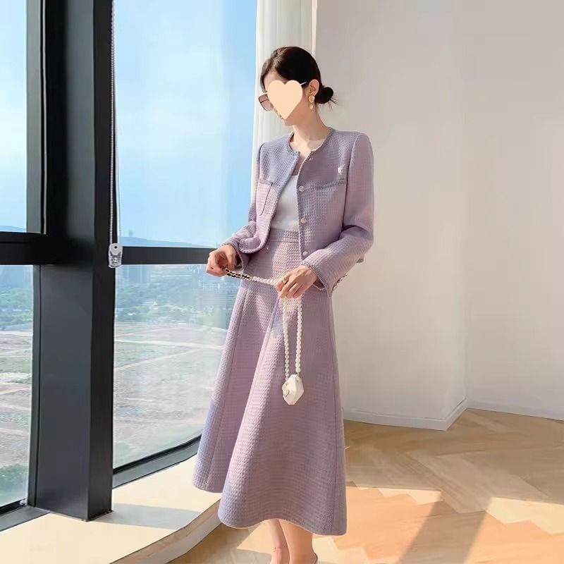 Set: Round Neck Tweed Button Jacket + High Waist Midi A-Line Skirt