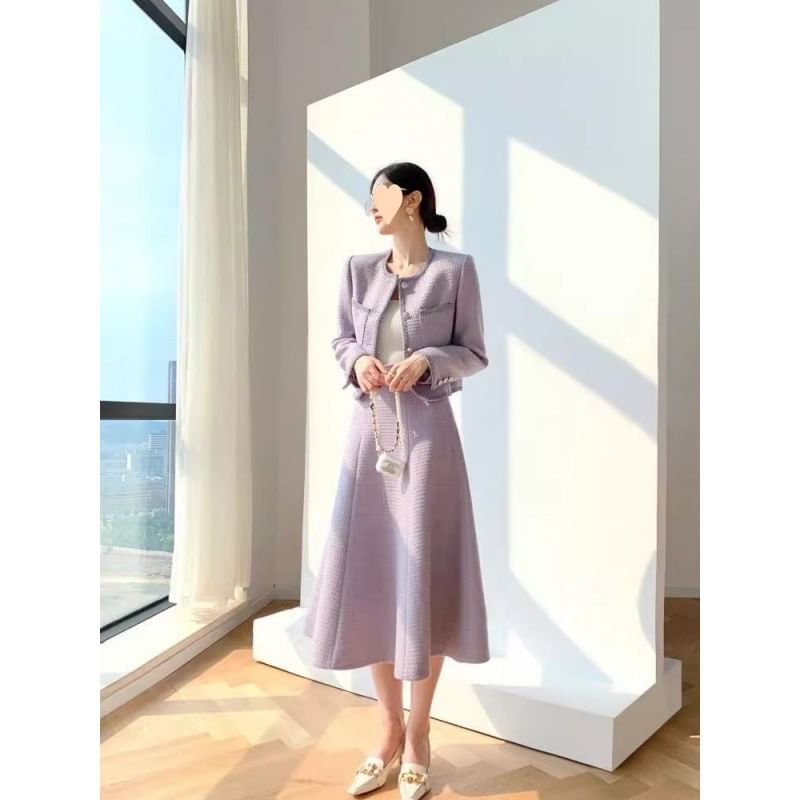 Set: Round Neck Tweed Button Jacket + High Waist Midi A-Line Skirt