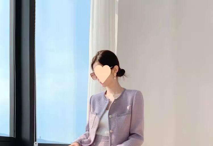 Set: Round Neck Tweed Button Jacket + High Waist Midi A-Line Skirt