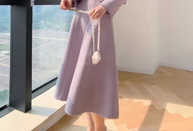 Set: Round Neck Tweed Button Jacket + High Waist Midi A-Line Skirt