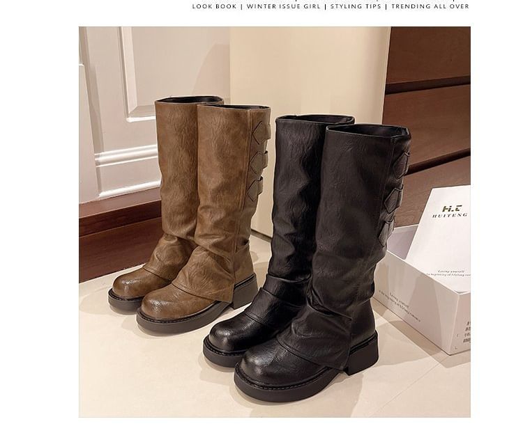 Platform Tall Leather Boots Faux