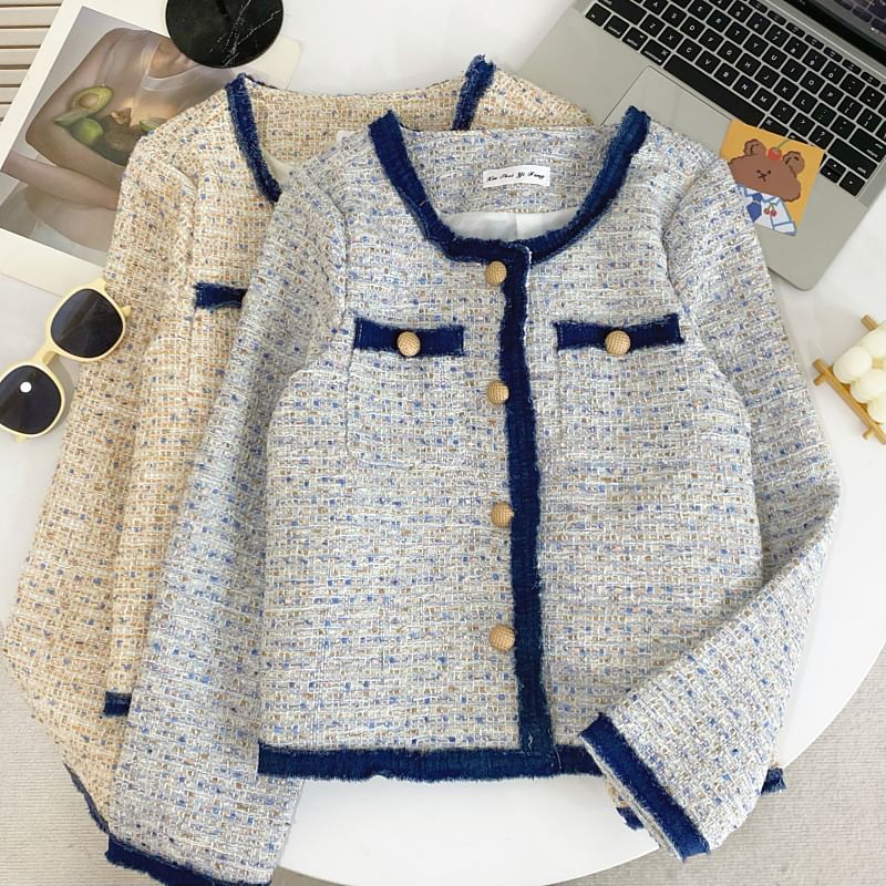Round Neck Melange Contrast Trim Tweed Button Jacket
