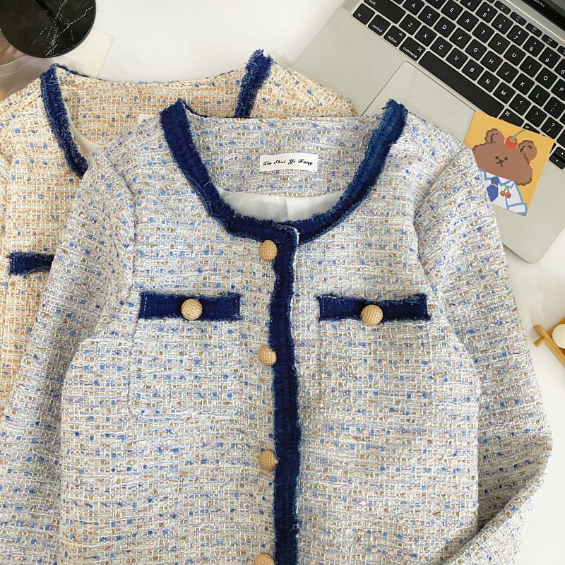 Round Neck Melange Contrast Trim Tweed Button Jacket