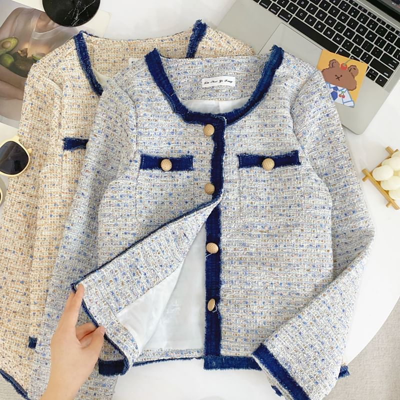 Round Neck Melange Contrast Trim Tweed Button Jacket