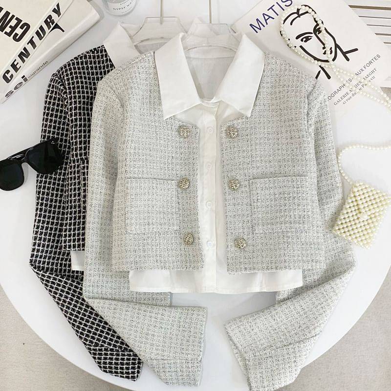 Set: Plaid Tweed Crop Button Jacket + Sleeveless Plain Shirt
