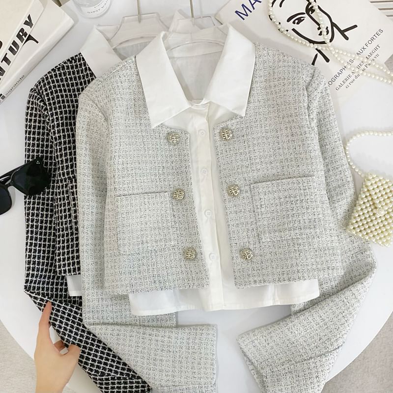Set: Plaid Tweed Crop Button Jacket + Sleeveless Plain Shirt