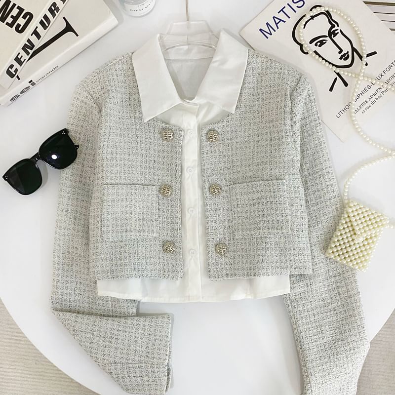 Set: Plaid Tweed Crop Button Jacket + Sleeveless Plain Shirt