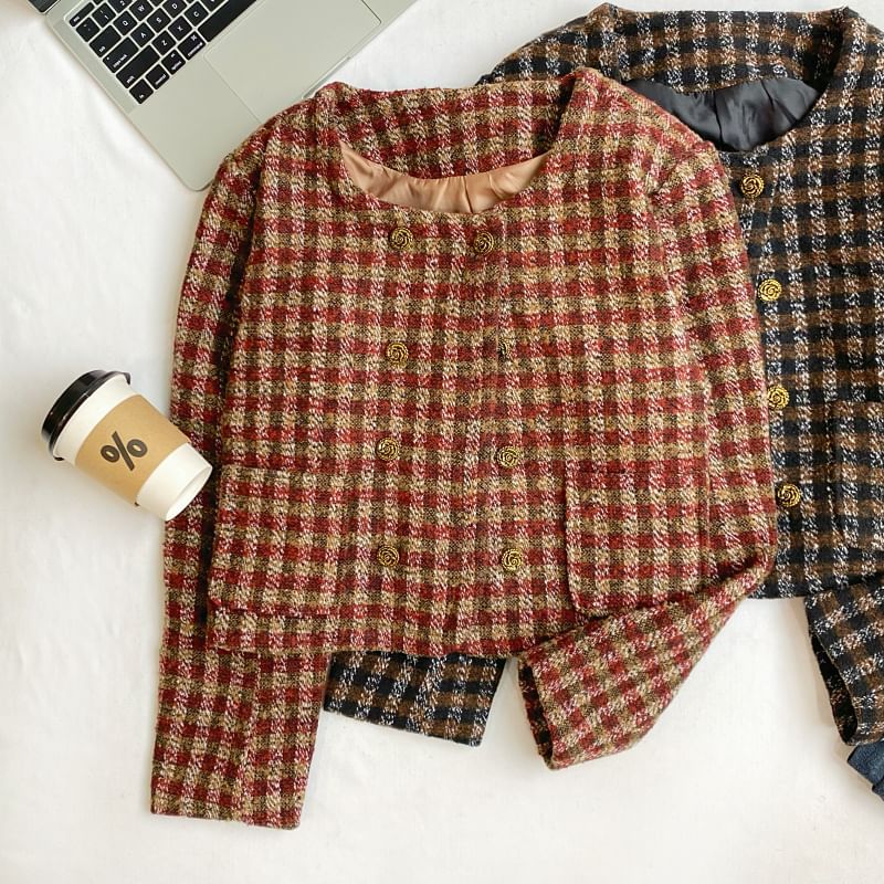 Round Neck Plaid Tweed Crop Button Jacket