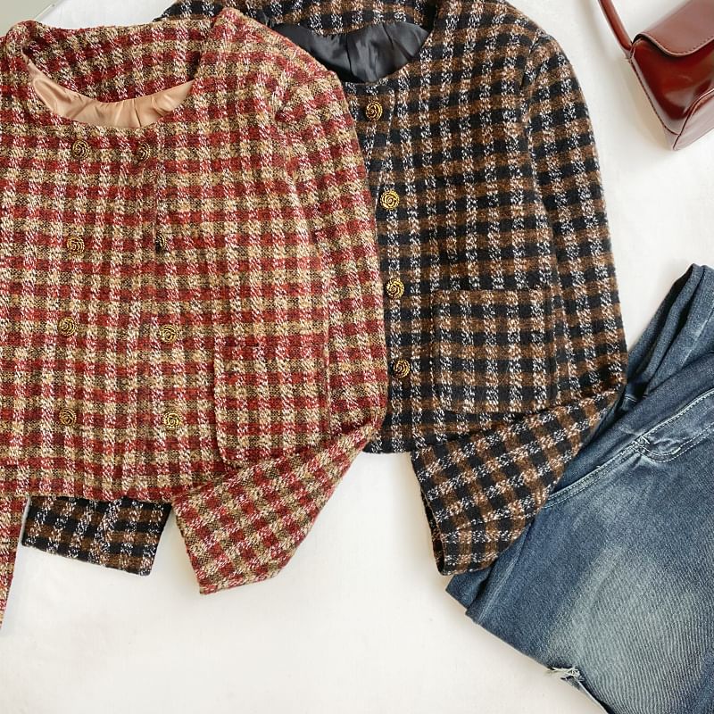 Round Neck Plaid Tweed Crop Button Jacket