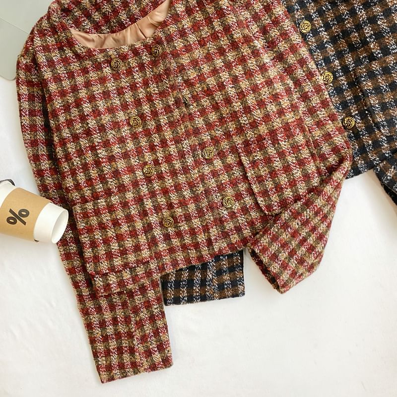 Round Neck Plaid Tweed Crop Button Jacket