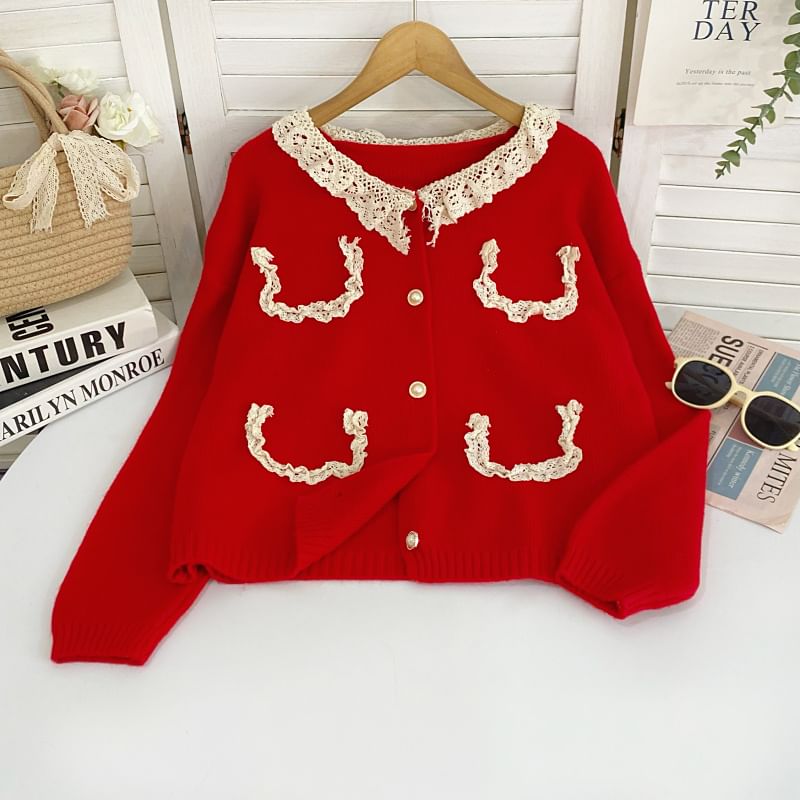 Faux Pearl Button Cardigan with Lace Collar