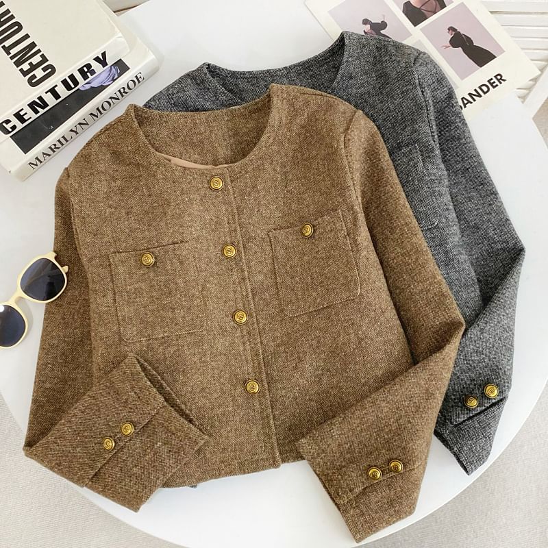 Round Neck Melange Tweed Button Jacket