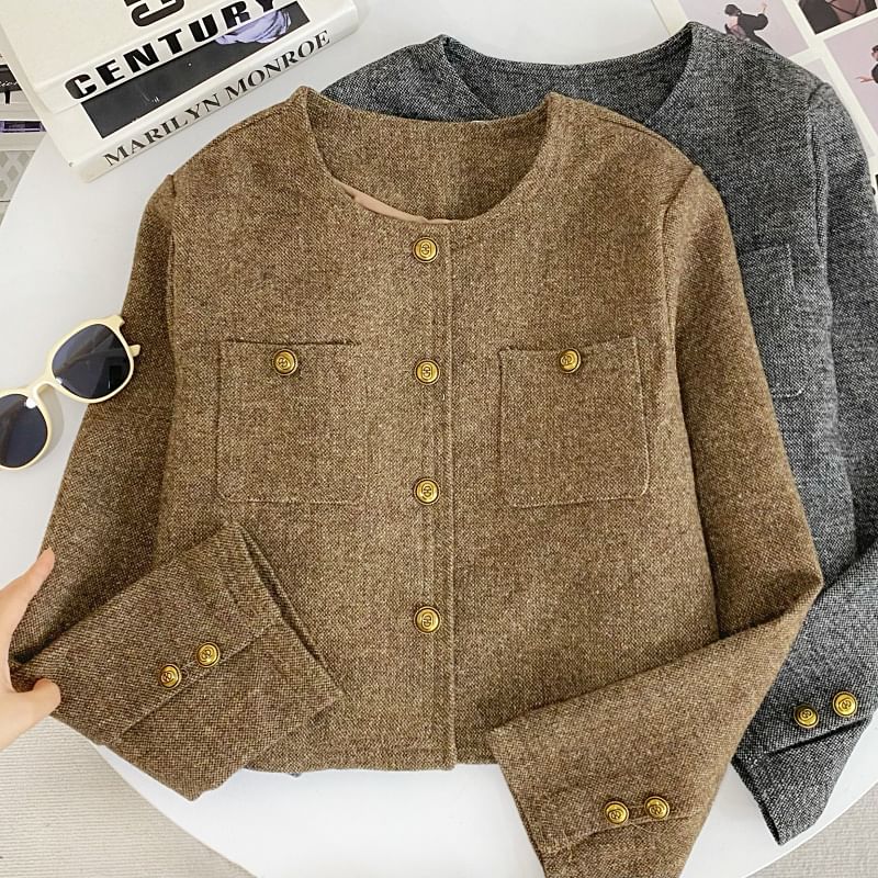 Round Neck Melange Tweed Button Jacket